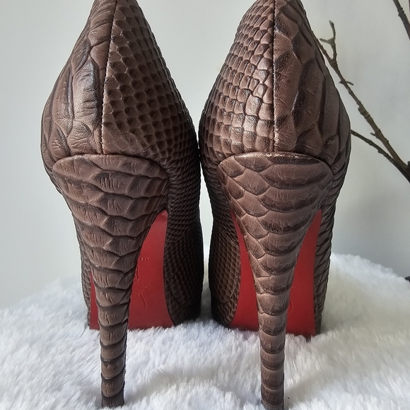 Christian Louboutin Brown Python Embossed Leather Peep Toe Pumps - Picture 7 of 11